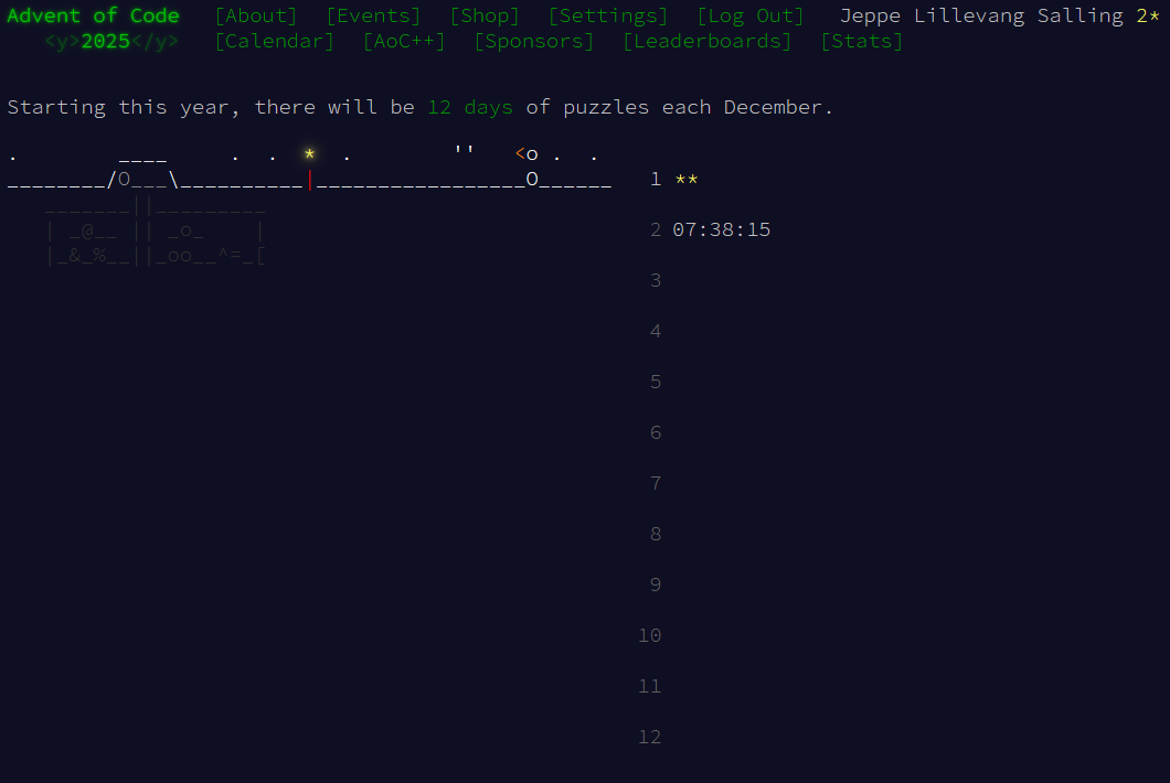 Frontpage of Advent of Code after Day 01 2025 solution is submitted