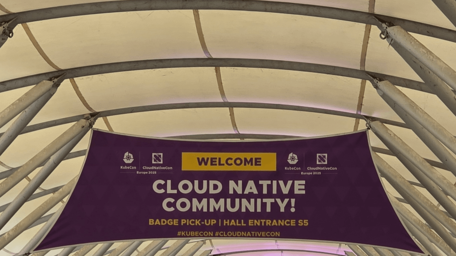 Banner welcoming guests to Kubecon europe 2025